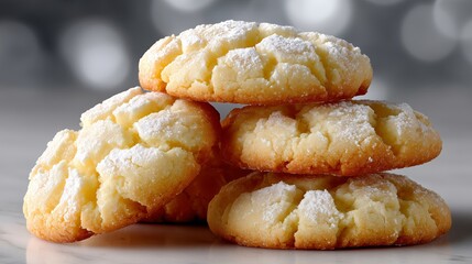 Close view of rustic crinkle cookies with sugared surface and tender interior sitting on countertop