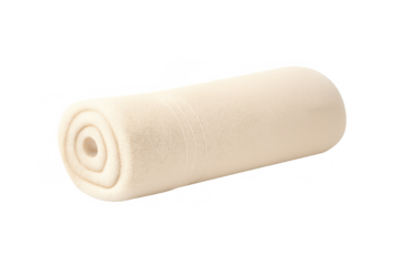 Beige fleece blanket rolled, presenting a soft, warm textile cylinder for comfort and home decor on transparent background