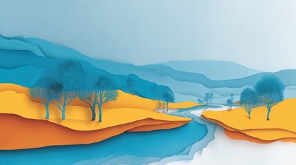 abstract paper cut art landscape isolated on white background