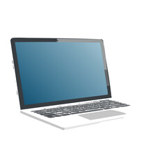 Open silver portable notebook computer with a blank black screen and keyboard isolated on a white background for business technology and internet communication