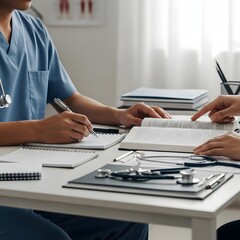 Fototapeta premium Medical professionals reviewing patient records illustration