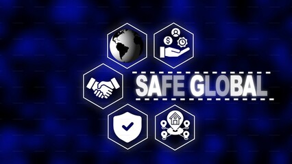 Safe Global concept with interconnected icons and globe on a dark blue abstract background security