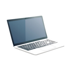 Open silver laptop computer with a blank screen and black keyboard isolated on a white background for business technology and web communication
