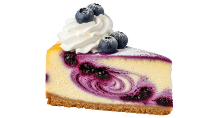 Slice of blueberry cheesecake with whipped cream and fresh blueberries on black background swirl