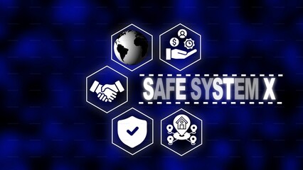 Safe System X Concept with Global Icons and Network Connections on Blue Background safety security