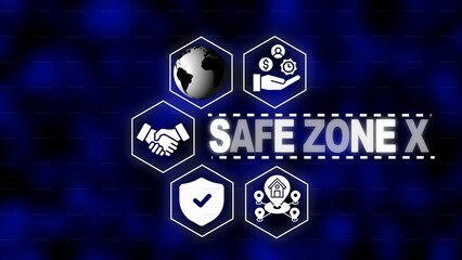 Safe Zone X concept with interconnected icons and globe on a dark blue abstract background security