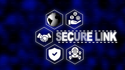 Secure Link concept with interconnected hexagons and security icons on a dark blue background protection