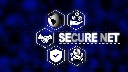 Secure Net concept with interconnected icons representing global reach security and business on a dark blue abstract background
