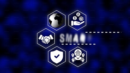 Smart concept with interconnected icons and globe on a dark blue abstract background intelligence technology