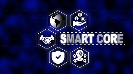 Smart Core concept with interconnected icons representing global reach security and business on a dark blue abstract background