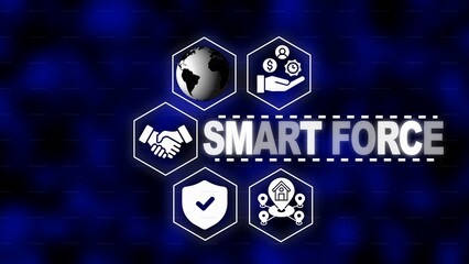 Smart Force Concept with Global Business and Security Icons on Blue Hexagonal Pattern Background image