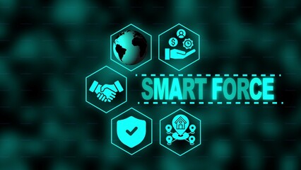 Smart Force concept with interconnected hexagons and icons on a dark background technology network