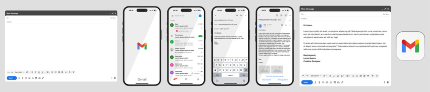 Gmail app UI template 2026 update with light mode screens, app icons, and Gmail web interface design, modern email UI mockup for mobile and web presentations.