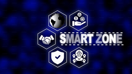 Smart Zone Hexagonal Icons Symbolizing Global Connectivity Security Finance and Location on a Dark Blue Background