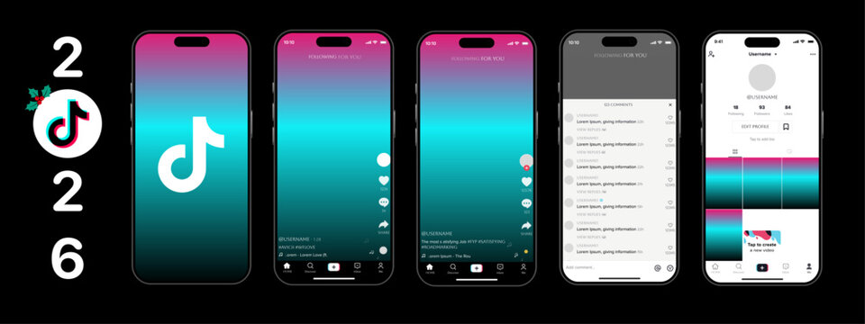 Tiktok. Tik tok mobile App interface template. Tiktok mockup social media template. mobile app interface template on social network. Tiktok Home, User, activity template.