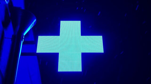 Blue Neon Sign With A Cross The atmosphere of a hospital Pharmacy Glowing over A Wet Alley, Visible LED texture, Rain-Splattered Facade, Gloomy Cyberpunk Atmosphere, Contrasting shadows, Electric Coba