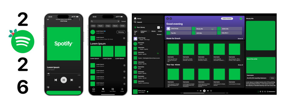 Spotify interface. Social media pages mockup template. Editorial mockup of Spotify interface. Music platform. Spotify music platform interface mockup. White background. Vector icons.