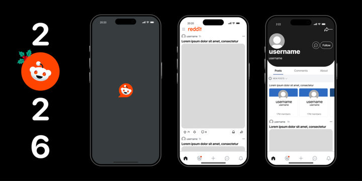 Reddit UI mockup template with subreddit feed, post layout, and comment interface. Reddit screen and user interface design for social media and online communities.
