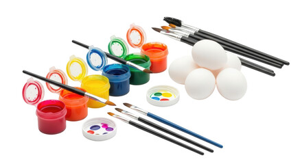White eggs and colorful paint pots with brushes on black background image