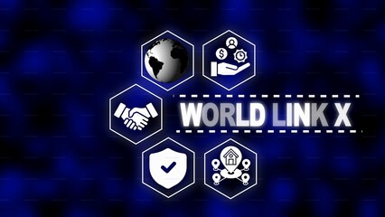World Link X concept with interconnected hexagons and global network icons on a dark blue background
