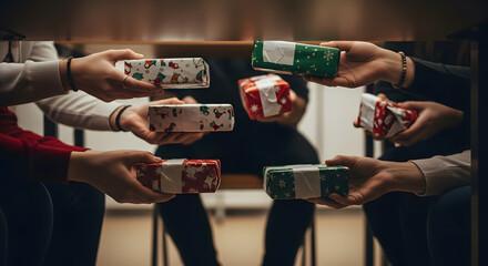 Holiday Gift Exchange: A group of friends and family engaging in a festive gift exchange. Hands reach out to offer and receive beautifully wrapped presents.