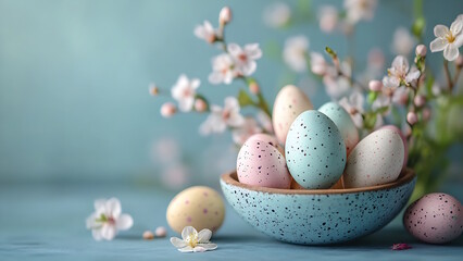 A bowl of pastel-colored, speckled Easter eggs sits among delicate white blossoms. Perfect for springtime designs, the image evokes a sense of holiday celebration.