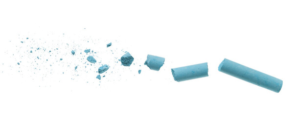 Broken blue chalk with pieces flying, isolated on white background, clipping path, design