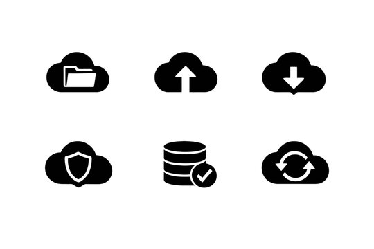 Cloud storage and backup icon set with data protection, sync, and recovery symbols. Black flat vector icons for SaaS dashboards and system UI design.