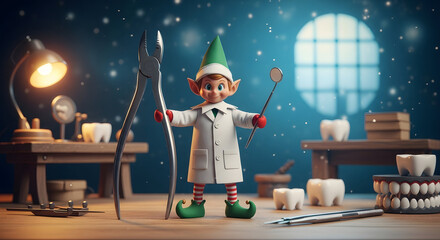 Elf Dentist's Workshop: An elf, in a white coat and green hat, stands ready in a workshop, holding dental tools, surrounded by teeth models, and a warm glow creates a magical, whimsical atmosphere.