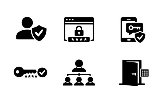 User security and access control icon set with authentication, permissions, and account protection symbols. Black flat vector icons for SaaS dashboards and security UI design.