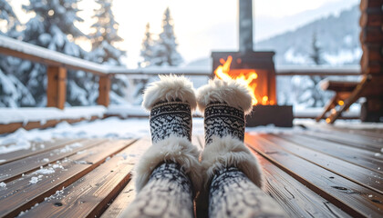 Feet clad in warm winter boots resting on a snowy wooden deck with a fireplace Page in the background