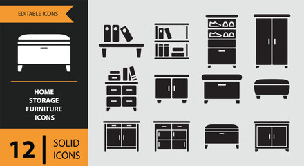 Collection of 12 solid icons for home storage furniture, including shelves, cabinets, and benches
