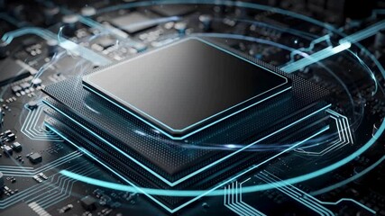 Modern computing processor animation video on electronic circuit board, advanced semiconductor chip technology, high speed data processing and digital electronics background - Powered by Adobe