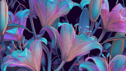 Elegant Art Nouveau whiplash curves and botanical lily patterns rendered in glowing 3D neon tubes with a vaporwave palette of soft pink, electric cyan, and deep purple.