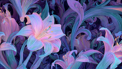 Elegant Art Nouveau whiplash curves and botanical lily patterns rendered in glowing 3D neon tubes with a vaporwave palette of soft pink, electric cyan, and deep purple.