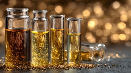 Laboratory test tubes filled with golden liquid stand in a rack setup for a scientific experiment against a shimmering bokeh background.