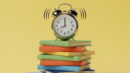 Vintage Alarm Clock on Stack of Textbooks