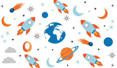 Colorful space elements set with rockets planets Earth stars and comets isolated on white background vector illustration © Rozina Creative