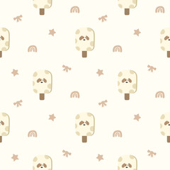 Ice cream face dog cartoon so cute. On bow star rainbow background. Pattern seamless vector illustration. 