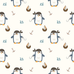 Penguin pirate cartoon so cute. On sailboat anchor wave background. Pattern seamless vector illustration. 