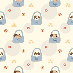 Dog in bag cartoon so cute. On ball heart star background. Pattern seamless vector illustration. 