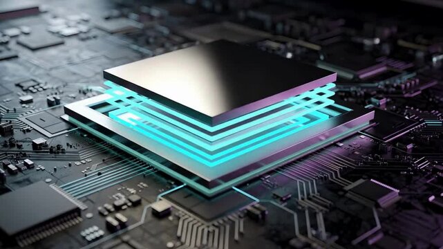 Stacked processor chip animation video on modern circuit board, layered semiconductor design, high performance computing, ai technology and digital electronics background
