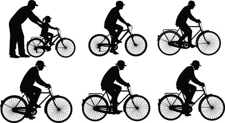 Obraz premium Set of bicycle rider silhouettes featuring adults cycling and a father teaching his child to ride for fitness and transportation