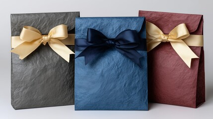 Premium satin bow boxes paired with shimmering metallic accents and textured finishes