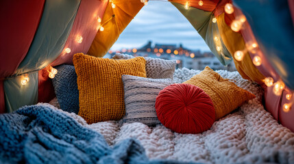 A cozy, inviting tent with warm lighting and knitted blankets is perfect for relaxation or a child's play area