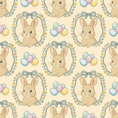Soft vector seamless Easter pattern with rabbits and Easter eggs. Coquette style