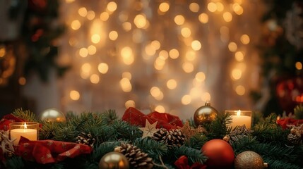A festive Christmas tree with glowing candles, gold ornaments, and red balls on green fir branches celebrates the winter holiday season