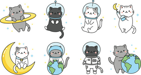 Cute cartoon astronaut cats set exploring space with planets moon and stars isolated on white background vector illustration © Rozina Creative
