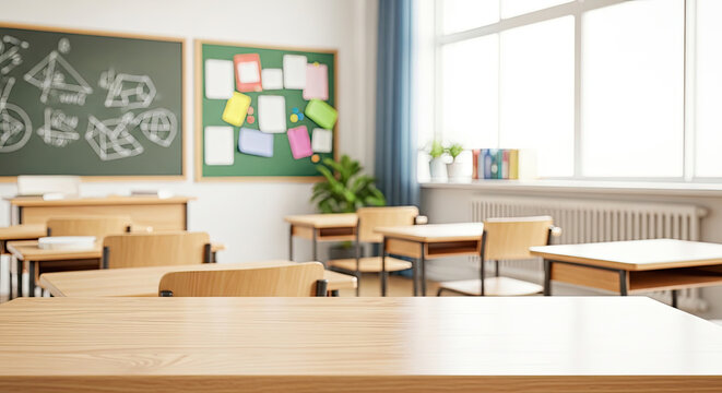 An empty classroom with wooden desks and chairs, a green chalkboard, and a window.