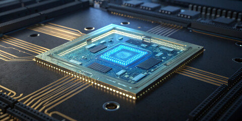 Fototapeta premium Glowing Microchip on Circuit Board